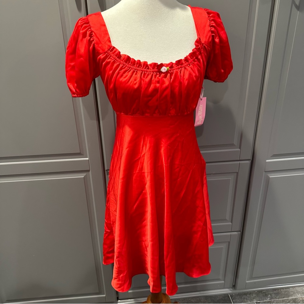 NWT Sugar Thrillz Red Satin Milkmaid Style Dress